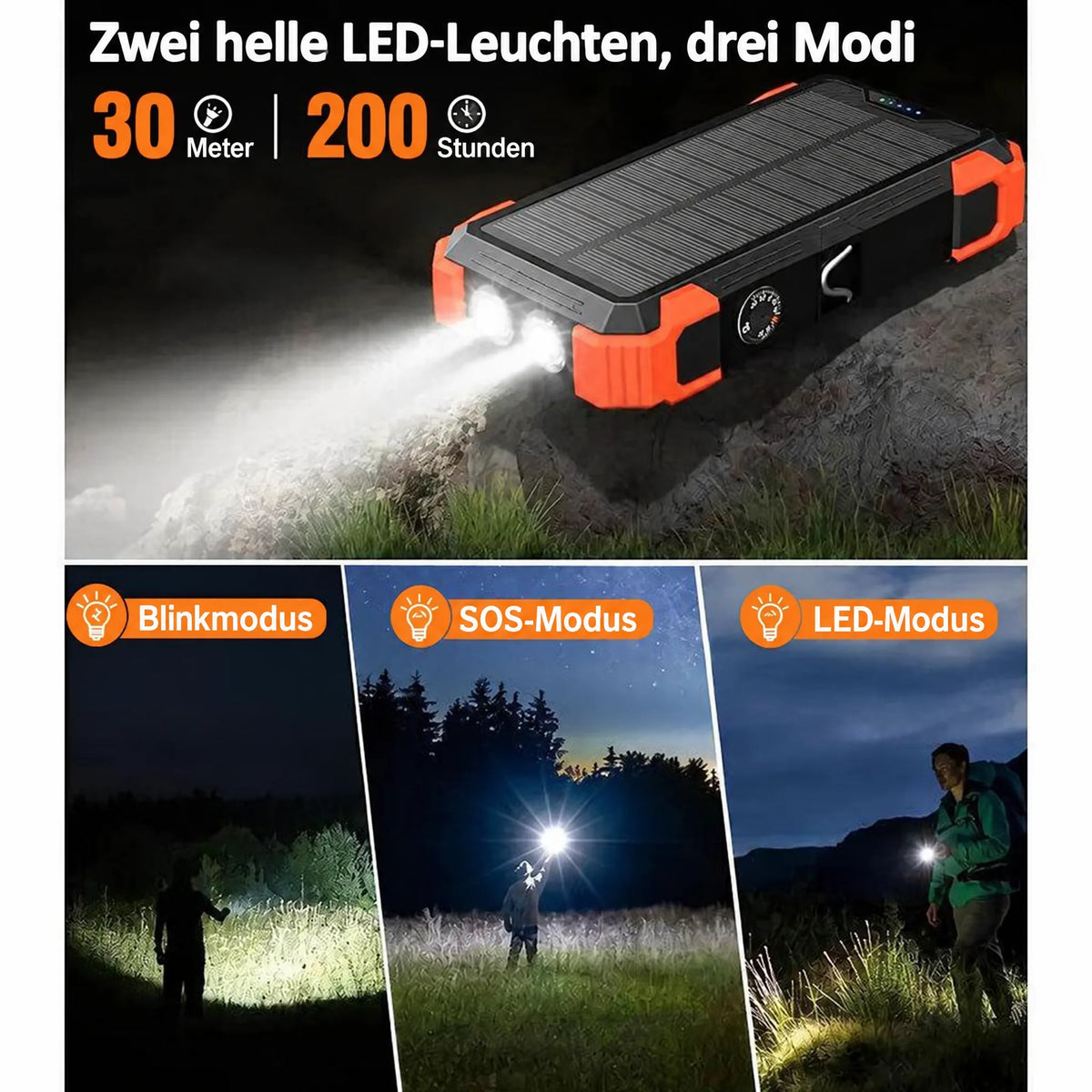 Zwei helle LED-Leuchten, drei Modi