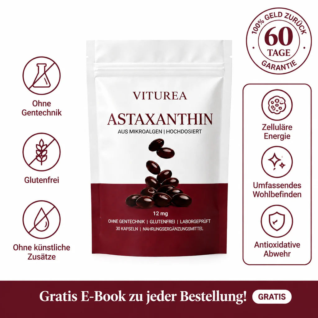 Viturea Astaxanthin 12 mg – ohne Gentechnik, glutenfrei, laborgeprüft, 60 Tage Geld-zurück-Garantie