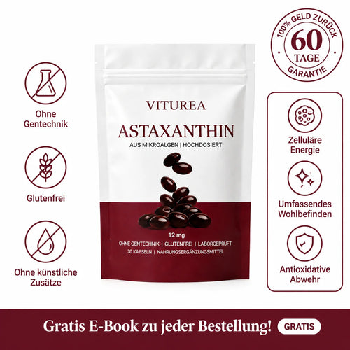 Viturea Astaxanthin 12 mg – ohne Gentechnik, glutenfrei, laborgeprüft, 60 Tage Geld-zurück-Garantie