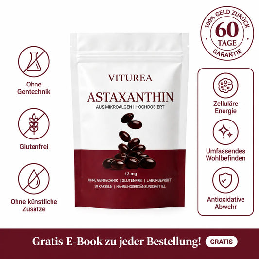 Viturea Astaxanthin 12 mg – ohne Gentechnik, glutenfrei, laborgeprüft, 60 Tage Geld-zurück-Garantie