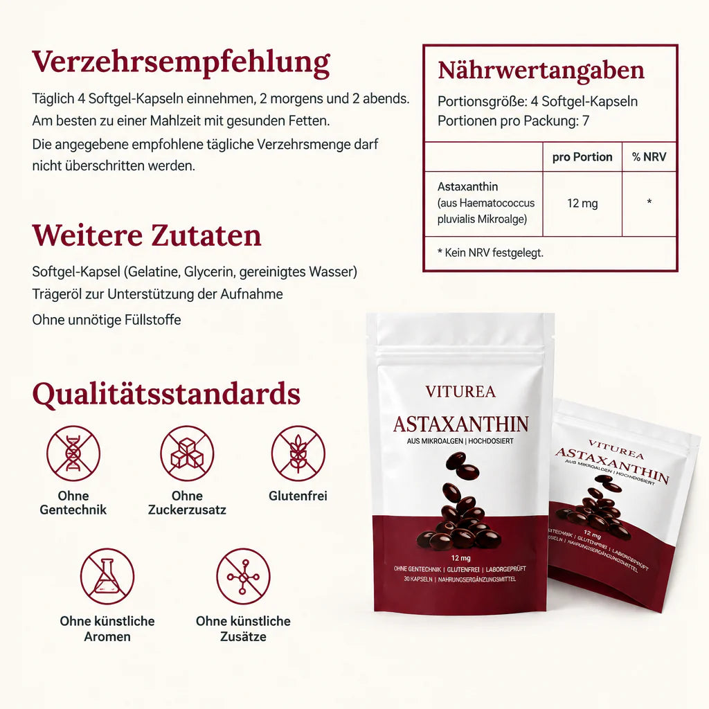 Verzehrsempfehlung, Nährwertangaben und Qualitätsstandards von Viturea Astaxanthin