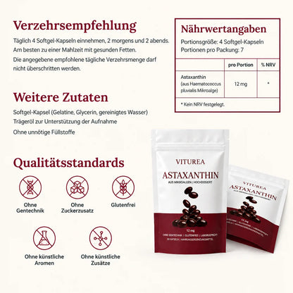 Verzehrsempfehlung, Nährwertangaben und Qualitätsstandards von Viturea Astaxanthin